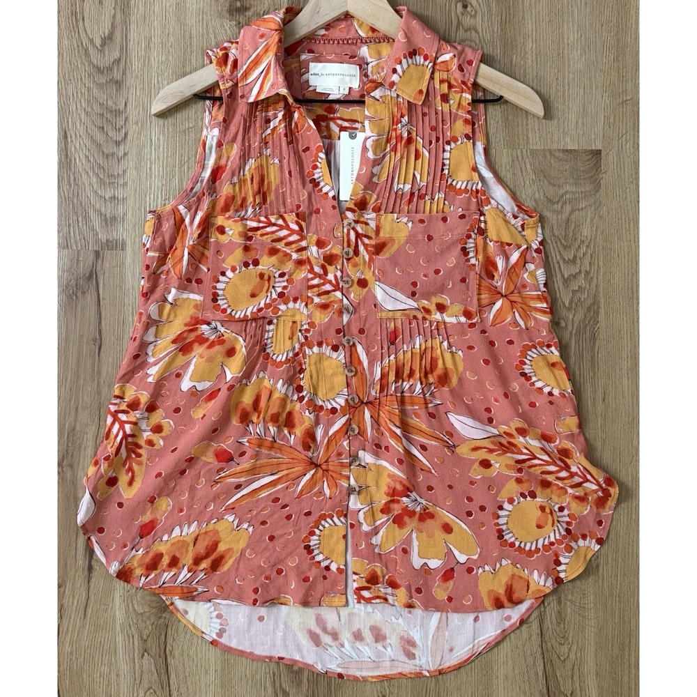 Vera For Anthropologie Tank Top Size S Coral Floral‎  Collared Button Up NWT
